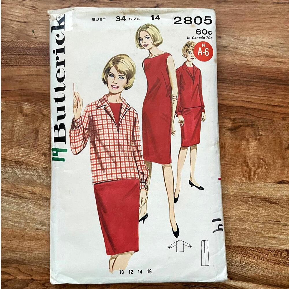 UNCUT Vintage 1960s Butterick 2805 Sewing Pattern Sz Sm 14 2 Piece Fitted Dress